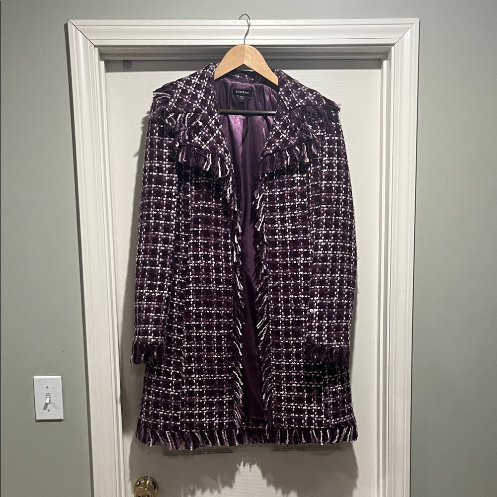 bebe Purple Tweed Fringe Open-Front Blazer